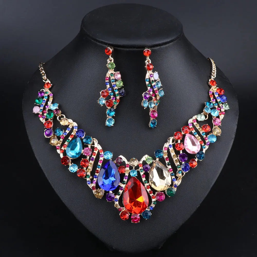 Fashion Crystal Gold Color Necklace Earrings Indian Bridal Jewelry Sets For Brides Wedding Party Costume Accessories Women