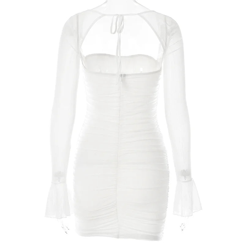 Mozision Elegant Backless Sexy Mini Dress For Women Robe Two Layer Mesh Full Sleeve Zipper Bodycon Party Short Dress Vestido