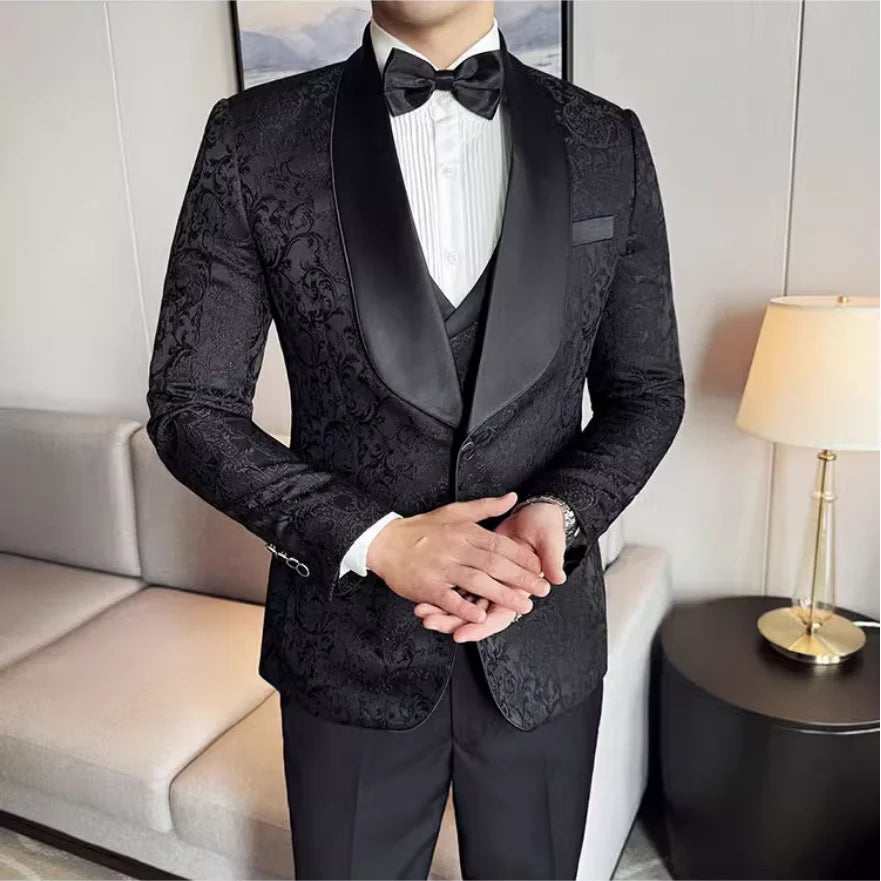 Spring 2025 Men's British Style Business Casual Three-Piece Suit Vest Trousers High-Density Jacquard Wedding Dress