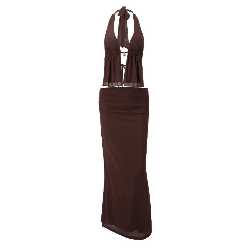 Mozision Hollow Out Lace-up Sexy Skirt 2 Piece Sets Women Brown Halter Crop Tops And Maxi Skirt Female Skinny Sexy Two Piece Set