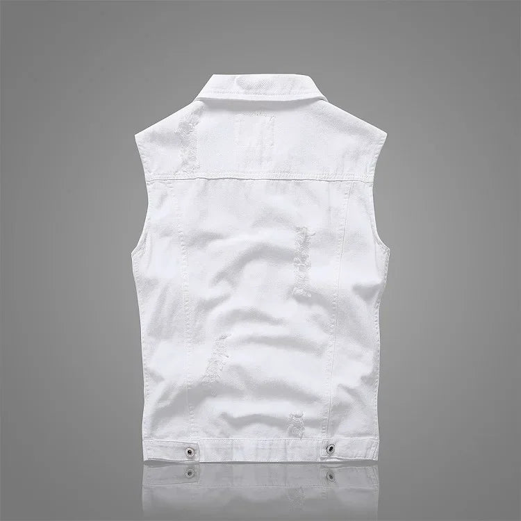 Summer Mens Ripped Denim Vest Male Tank Top Washed Jeans Waistcoat Man Retro Cowboy Hip Hop White Sleeveless Jacket