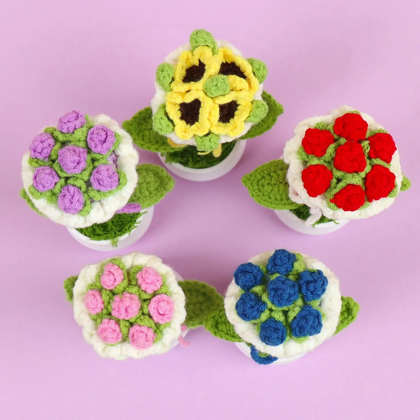 Finished Handmade Crocheted Rose Bridal Bouquet Potted Car Decoration Simulation Wool Flowers Office Decoration Creative