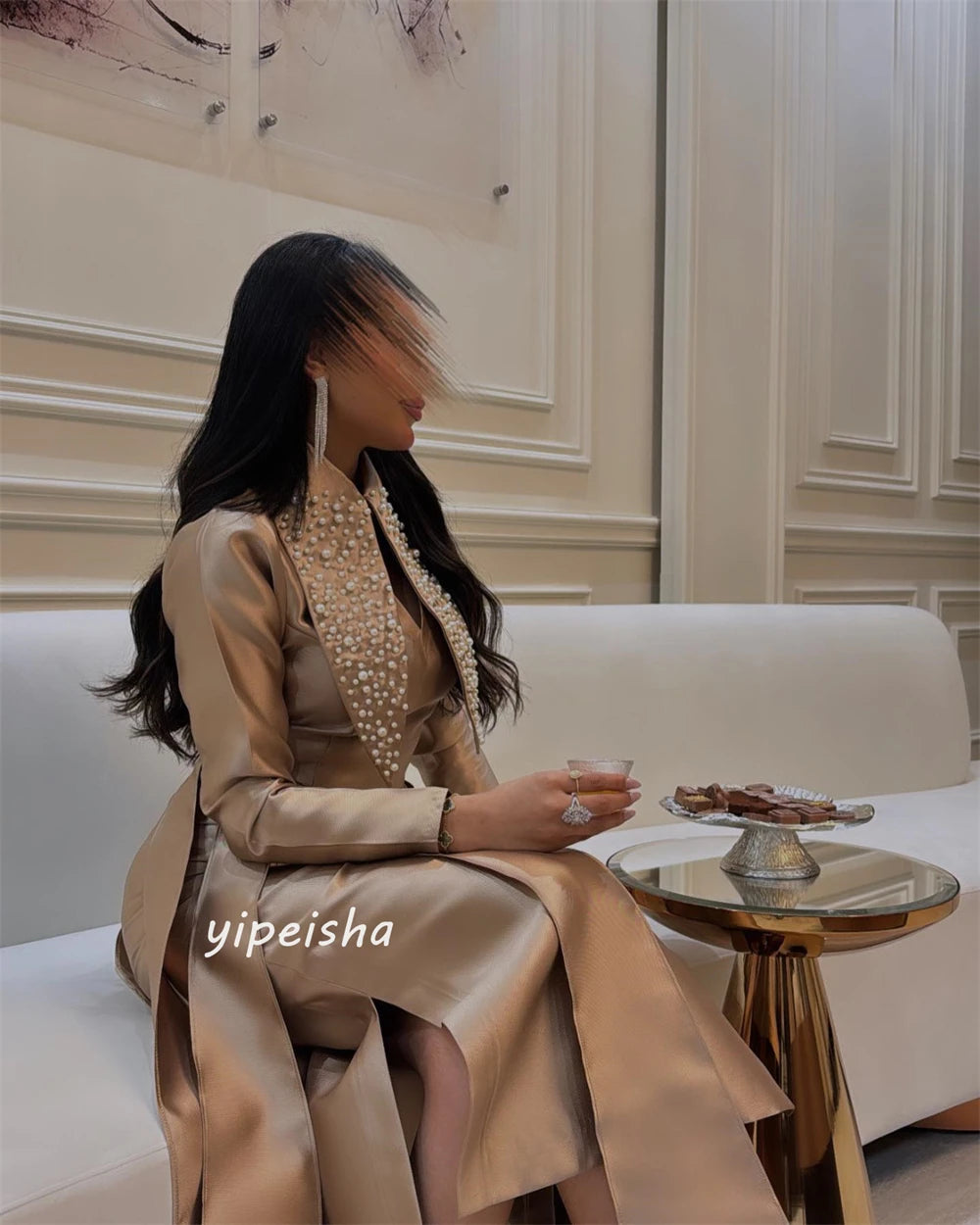 Customized s Pearls Beading Tassel Prom A-line High Collar Bespoke Occasion Gown Midi Dresses