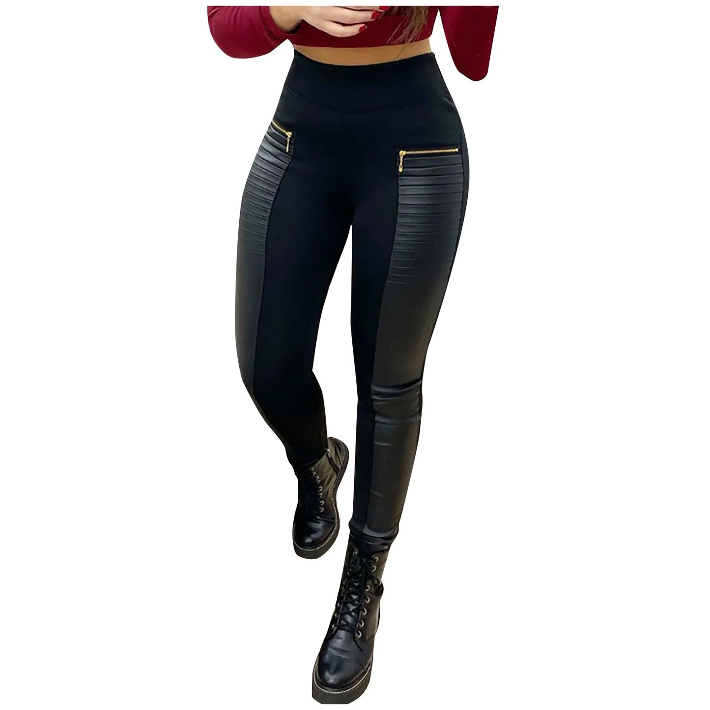 Sexy Fashion Women'S Faux Leather Pants Contrast Zipper Design High Waist Skinny Trousers High Waist Skinny Push Up Leggings