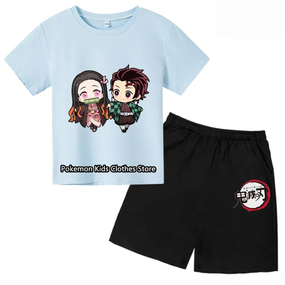 Boys Girls Clothes Set Summer Cartoon Demon Slayer T shirt+Short Pants 2pcs Children Clothing Teen 1 2 3 4-14 Year Kids Suit
