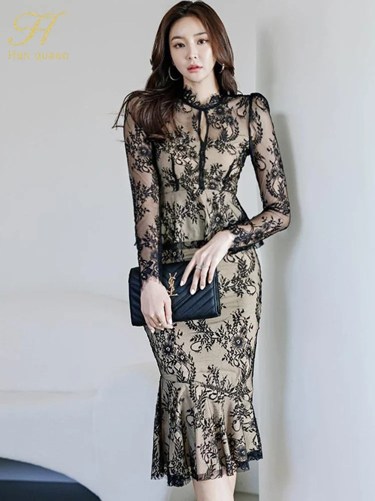 Spring Professional Woman Lace 2 Pieces Set Simple Tops + Vintage High Waist Mermaid Skirt Korean Skirts Suits