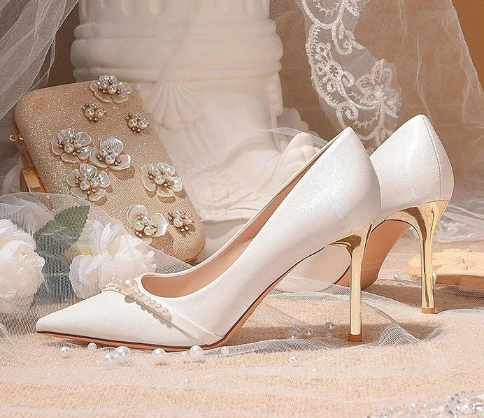 Women's Summer Footwear Bride Pumps Shoes for Woman 2024 Wedding Shoe on Heeled Pointed Toe Pearl Stilito High Heels Popular 39