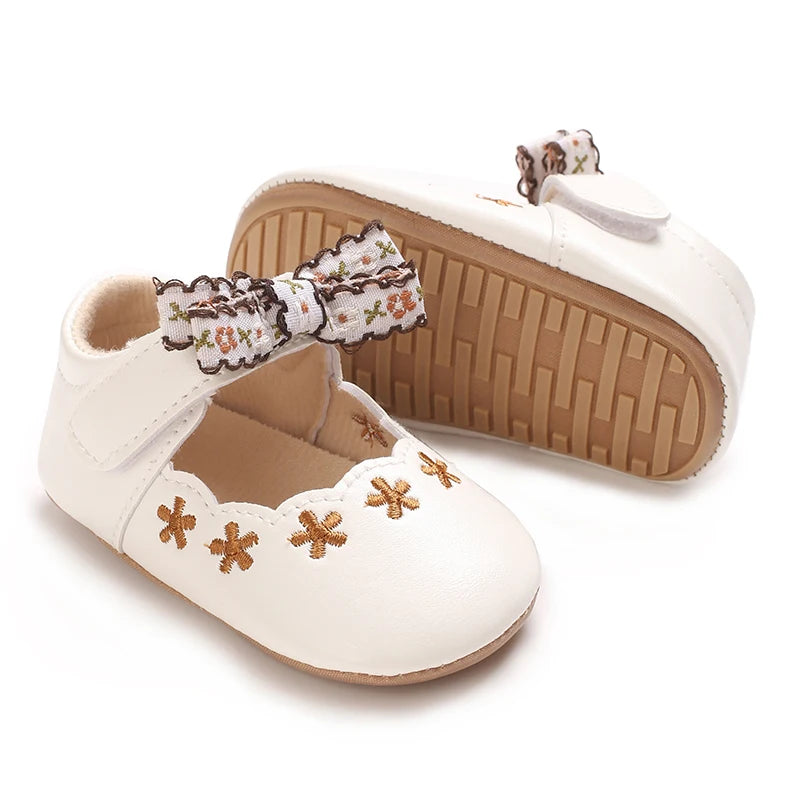 VALEN SINA 0-18 Months Newborn Girl White Baptism Shoes Bow Non-slip Rubber Soft-Sole Flat PU First Walker Mary Janes