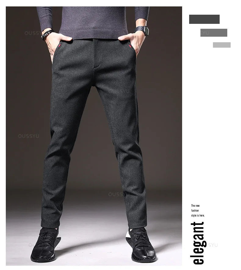 Autumn Winter New Classic Casual Pants Men Thick Business Korea Slim Fit Stretch Gray Blue Black Brushed Fabric Trousers Male