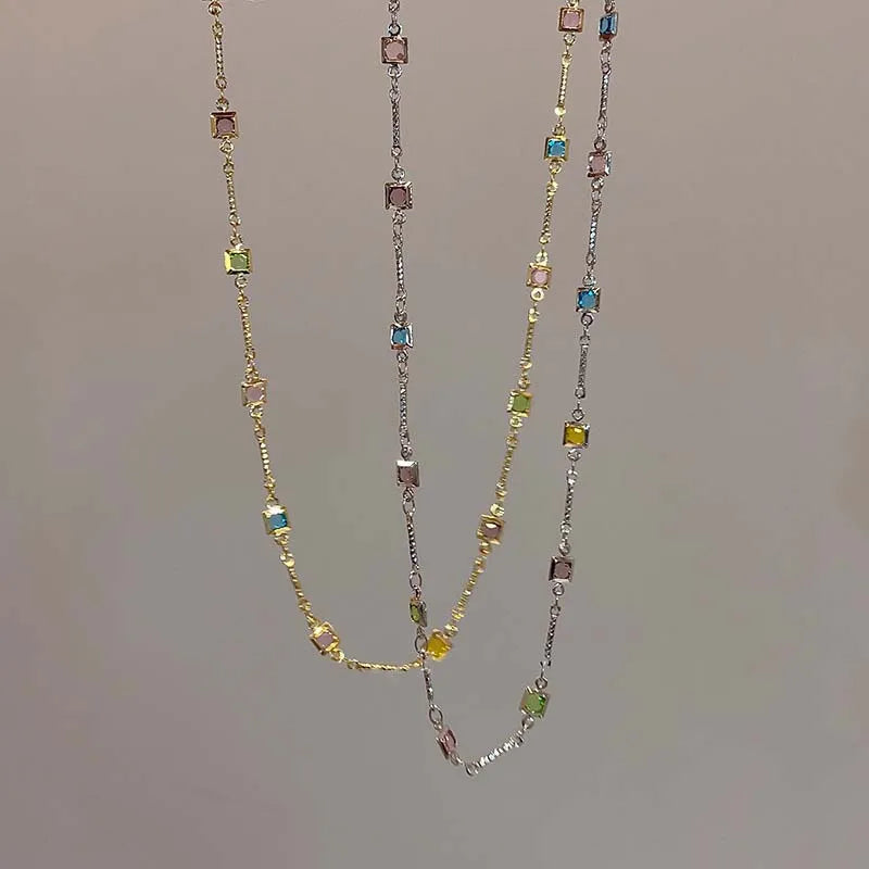 Hot Sale Colorful Square Rhinestone Necklace Fashion Exquisite Light Luxury Zircon Clavicle Chain Female Wedding Jewelry Gifts