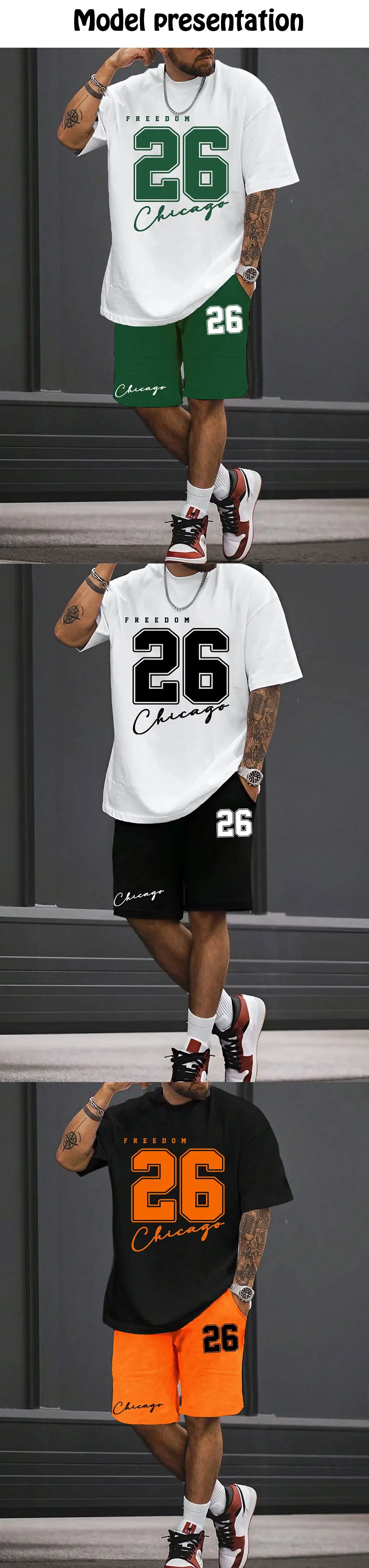 Short-sleeved shorts summer men's suit simple fitted T-shirt letter print with the same printed shorts two-piece set