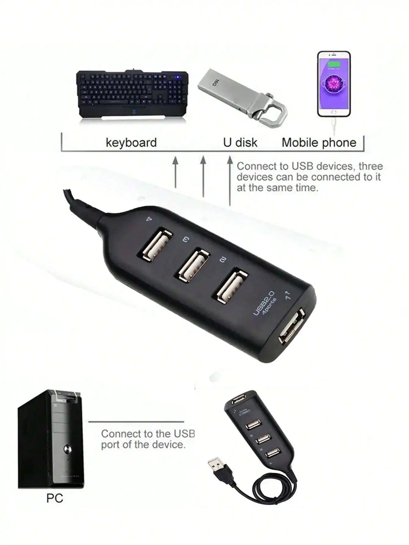 1pc White USB 4-Port Hub Expander Computer Accessory