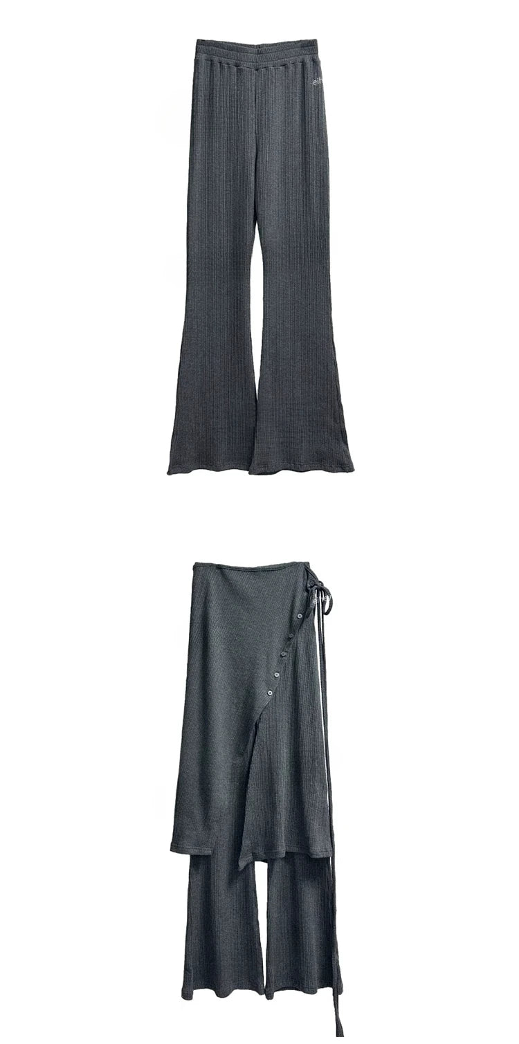KUSAHIKI Street Thread Knitted Casual Buckle Split Tie Half Body Skirt Pants Two Piece Set for Women