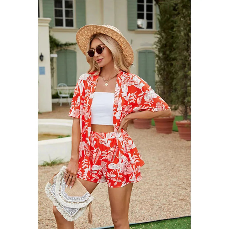 2024 Summer Casual Shirt Two Piece Set For Women Shorts 2 Piece Sets Outfit Print Short Sleeve Short Sets Outfits Home Sets