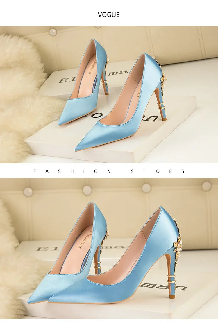 Women's Metal Flowers Stiletto High-heel Shoes Female Light Luxury Sexy Fashion Wedding Shoes Pointed Toe Satin Single Shoes