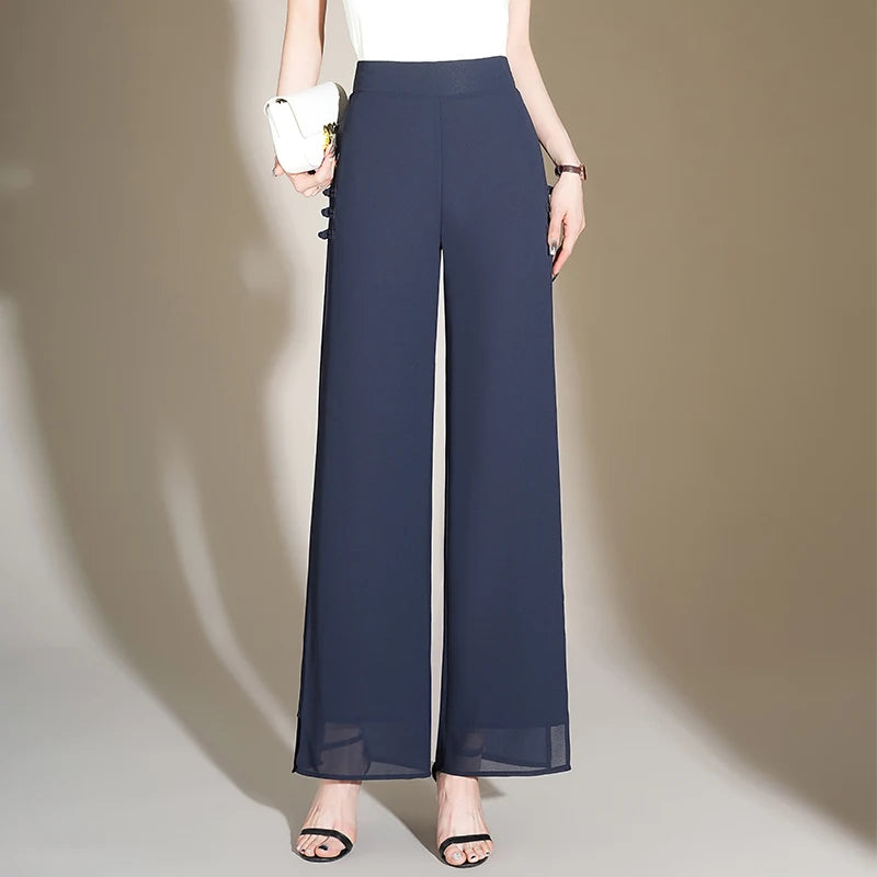 ZUZK Slit Chiffon Long Pants Summer Comfortable Elastic Waist Slim Double Layer Chiffon Pants Chic Droop Chinese Style Pants