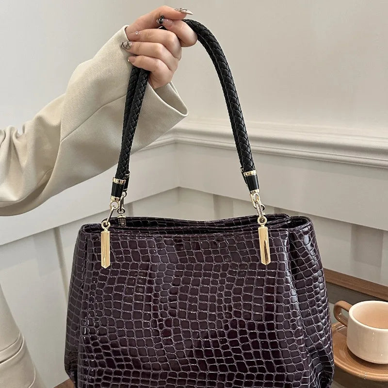 Classic Stone Texture Top-Handle Bag with Crocodile Print Elegant Shoulder Bag for Sophisticated Women in Europe and America