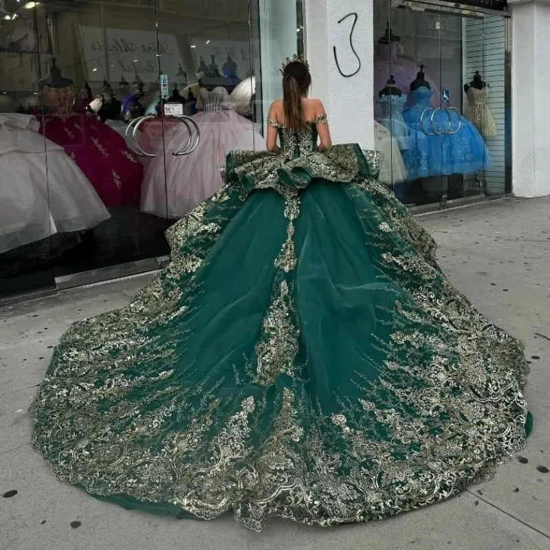 ANGELSBRIDEP Luxury Emerald Green Quinceanera Dress Golden Lace Applique Princess Birthday Party Vestidos De 15 Anos Customized