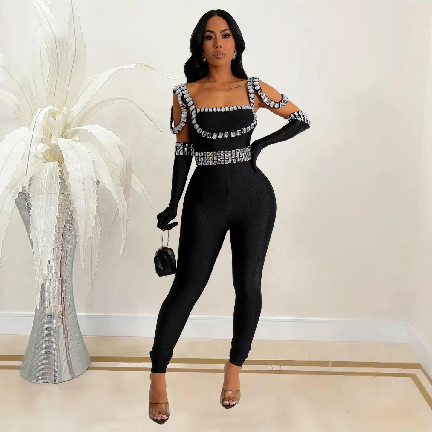 CM.YAYA Women Diamonds Hot Rhinestones Sexy Strap Long Sleeve Jumpsuits Streetwear Club One Piece Overall Rompers with Gloves