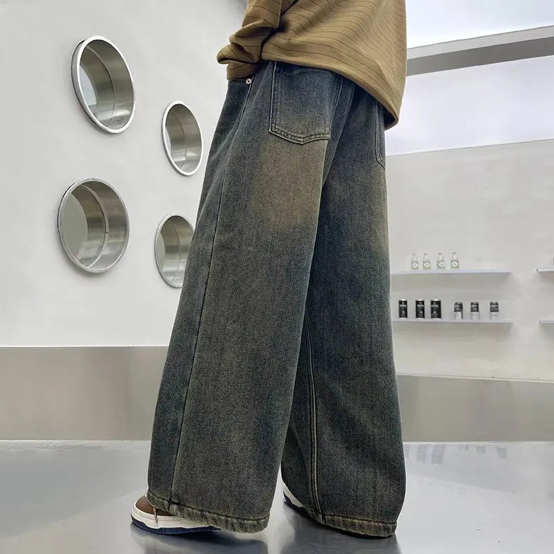 Autumn Winter School Boy Insulate Jeans Denim Pants Streetwear Child Retro Blue Straight Cut High Waist Warm Thermal Trousers