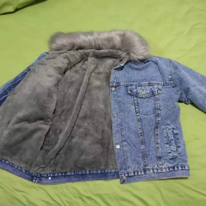 Winter Women Warm Basic Coat Big Fur Collar Denim Jacket Female Cold Motorcycle Jackets Outerwear Fleece Thick Casual Overcoat