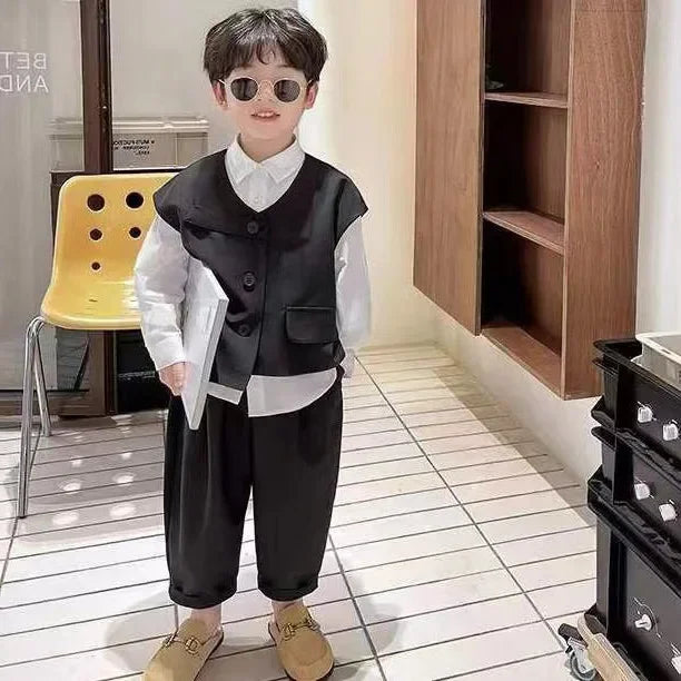 2022 Children Sets Shirts Turn-down Collar Vest Single Breasted Pants Ankle Length Loose Solid Soft Simple Casual Autumn Boys