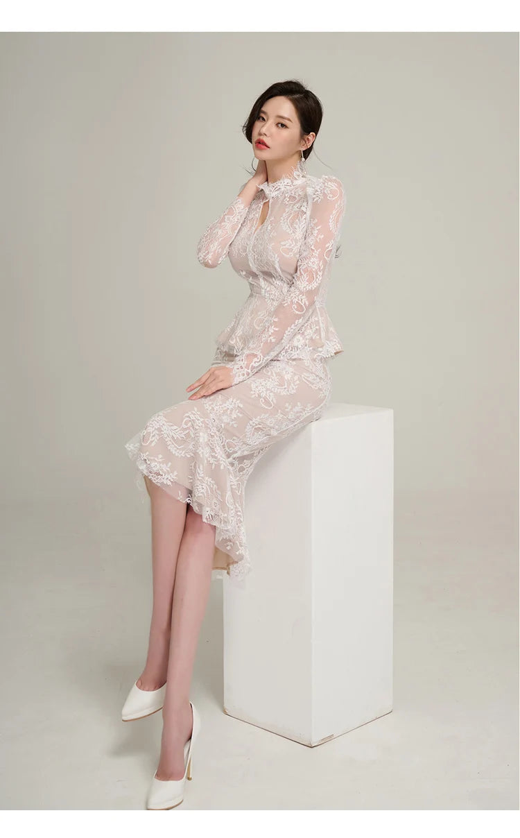 Spring Professional Woman Lace 2 Pieces Set Simple Tops + Vintage High Waist Mermaid Skirt Korean Skirts Suits