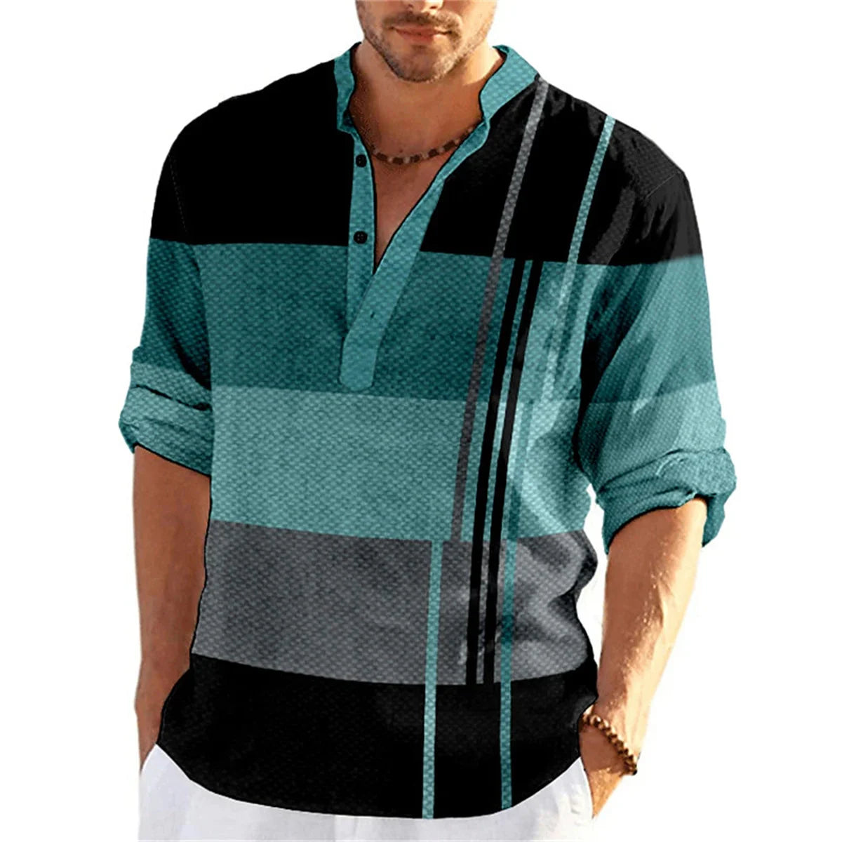 Tiki Spring Autumn Men's Shirt Button Stand Collar Print Gradual Change Business Slim Casual Long Sleeved Shirt Flash Sales