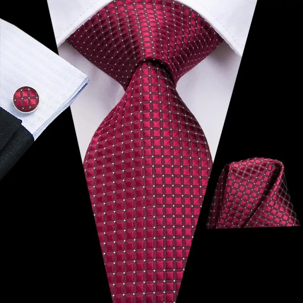 Hi-Tie Designer Red Burgundy Plaid Silk Wedding Tie For Men Handky Cufflink Gift Mens Necktie Fashion Business Party Dropshiping