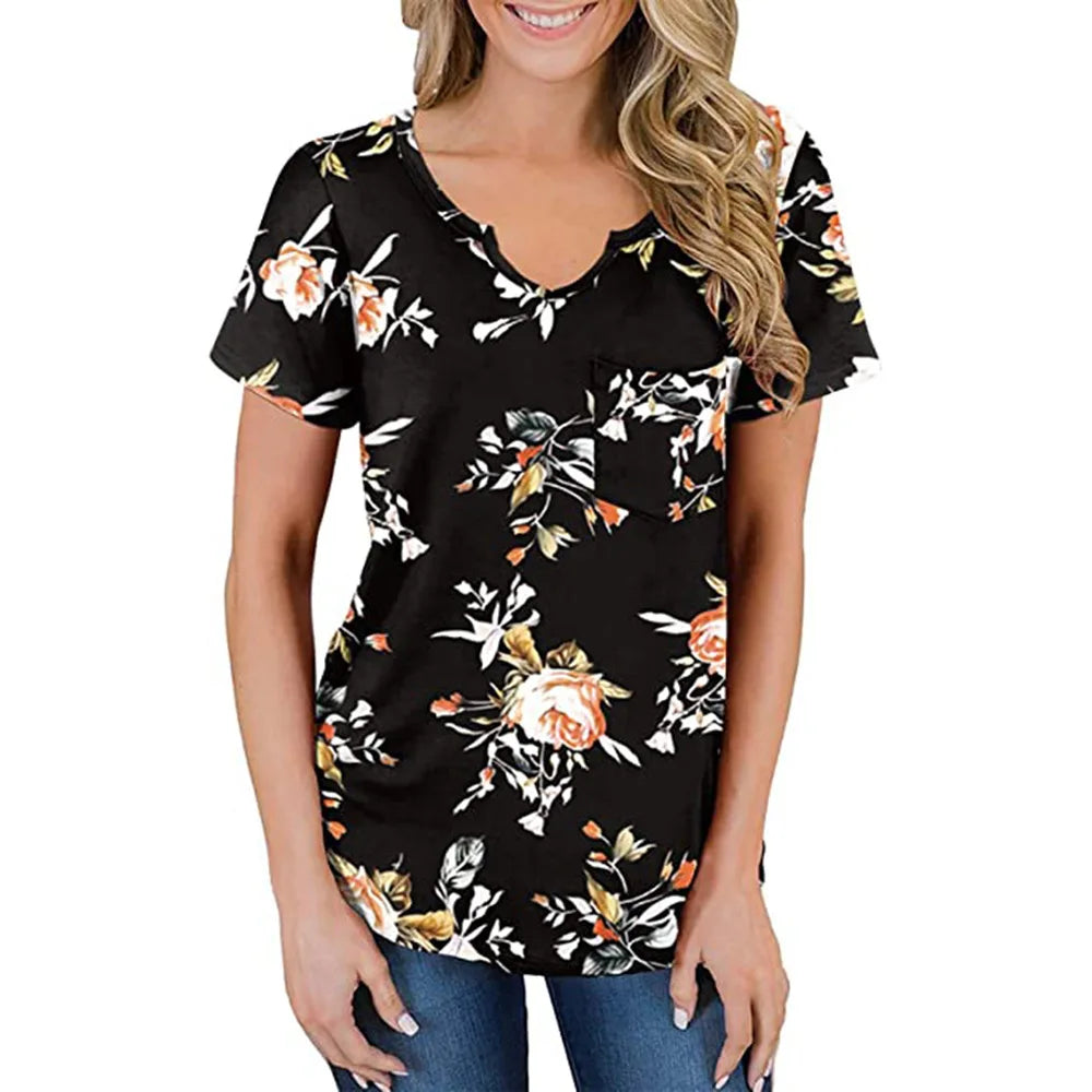 2024 Europe and the United States spring and summer new women's top printed V-neck short sleeve loose pocket T-shirt woman