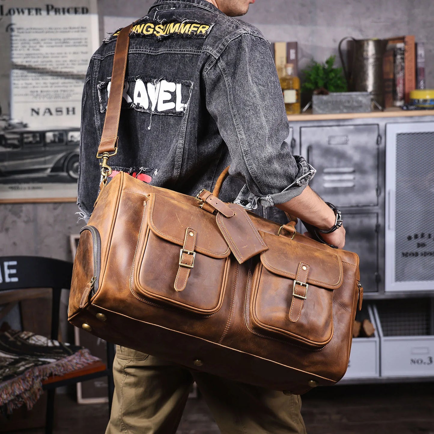 S.WORKER Vintage Genuine Leather Travel Bag Crazy-horse Cowhide Leather Duffel Bag Handicrafted Weekender Bag Gym Bag