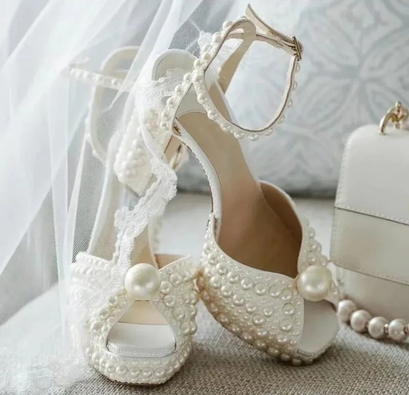 Shoes for Women Beaded Thick Heel Fish Mouth Sandals 35-41 High Heel Waterproof Platform Women's Shoes Wedding