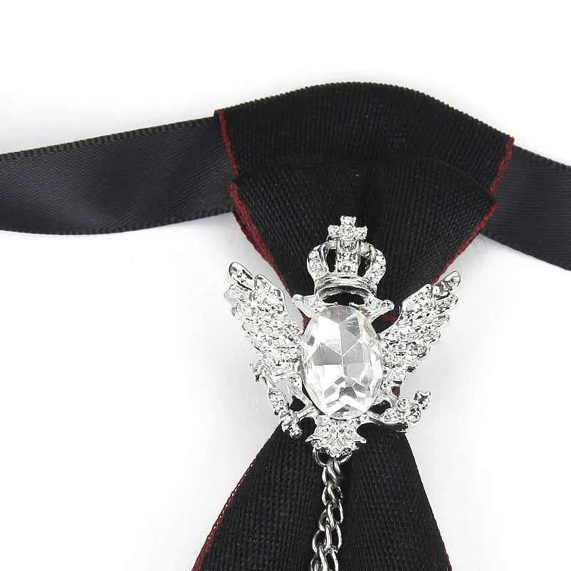 Retro Fabric Ribbon Rhinestone Black Bow Tie Collar Bowkont Cravat School Girl Boys Gifts for Women Clothing Jewelry Accessories