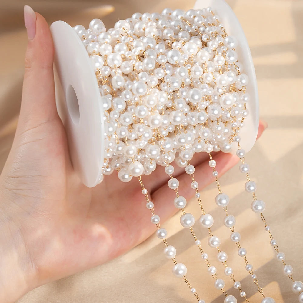 0.5M 1M Imitation Pearl Waterdrop Charm Beaded Chain Plastic White Ball Beads Copper Chains Necklace Cloth DIY Jewelry Making