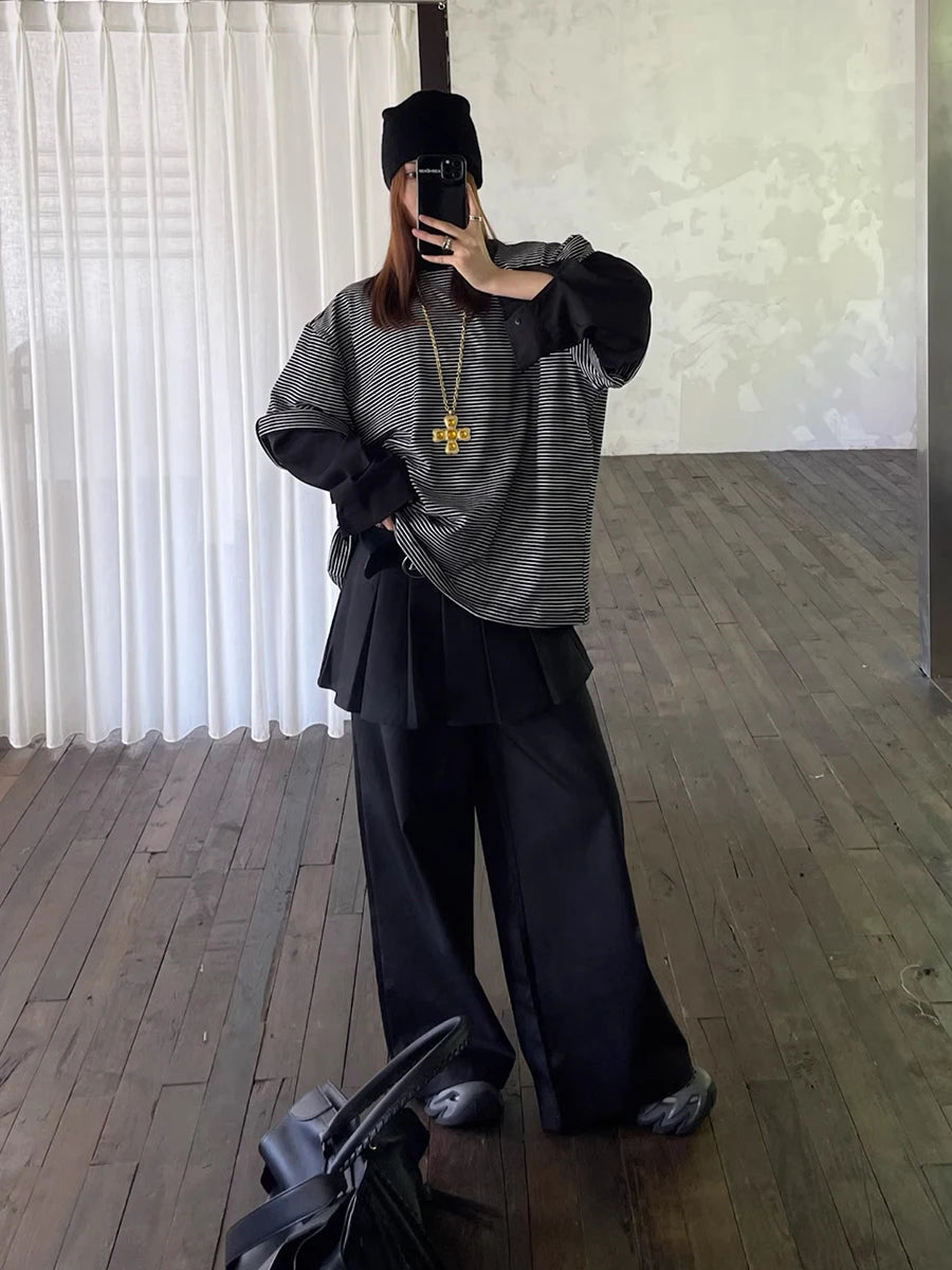 REDDACHiC Women's Pleated Skirt Overlay Suit Pants Work Casual Loose Cleanfit Black Plain Wide Leg Long Trousers Formal Clothes