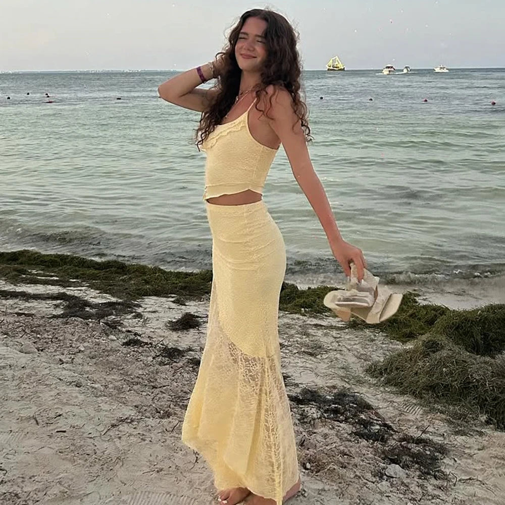 Tuularose Lace Sling Long Skirt Set Summer See-through Backless High Waisted Women Two Piece Sexy Beach Vacation Long Skirt Set
