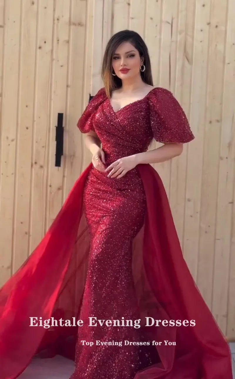 Eightale Violet Evening Dresses V-Neck Short Sleeves Robes De Soirée Sequined Customized Mermaid Prom Gown Wedding Party Dress