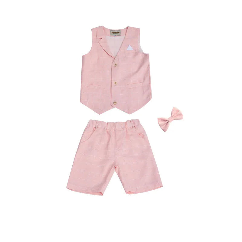 Boys Summer Vest Dress 3Pieces/Set Vest Shorts Bowtie Photograph Suit School Performance Clothing Set Children Wedding Custome