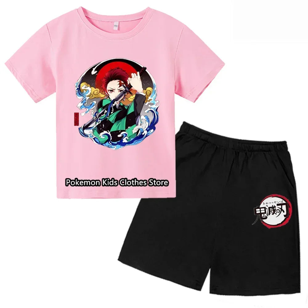 Boys Girls Clothes Set Summer Cartoon Demon Slayer T shirt+Short Pants 2pcs Children Clothing Teen 1 2 3 4-14 Year Kids Suit