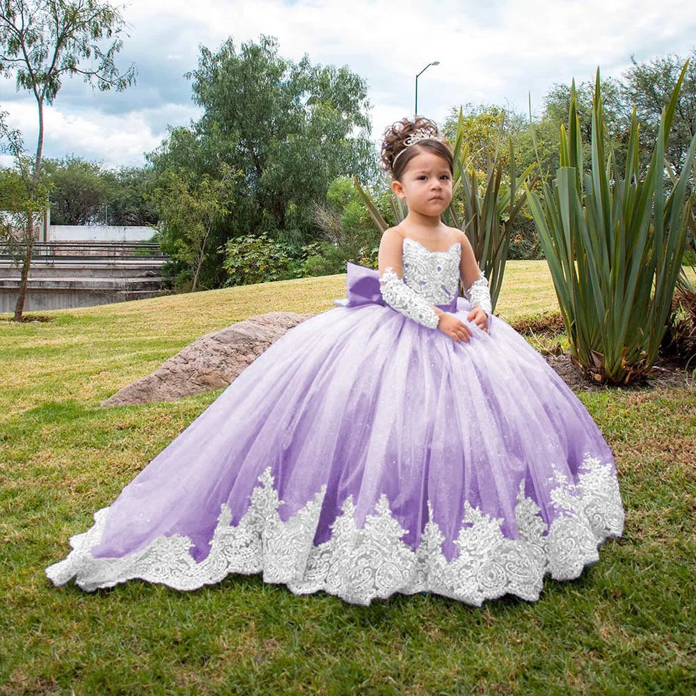 Long Sleeves Flower Girl Dresses For Weddings Toddlers Satin Bow Ball Gown Pageant Dress Sparkly 1st Communion Party Gowns