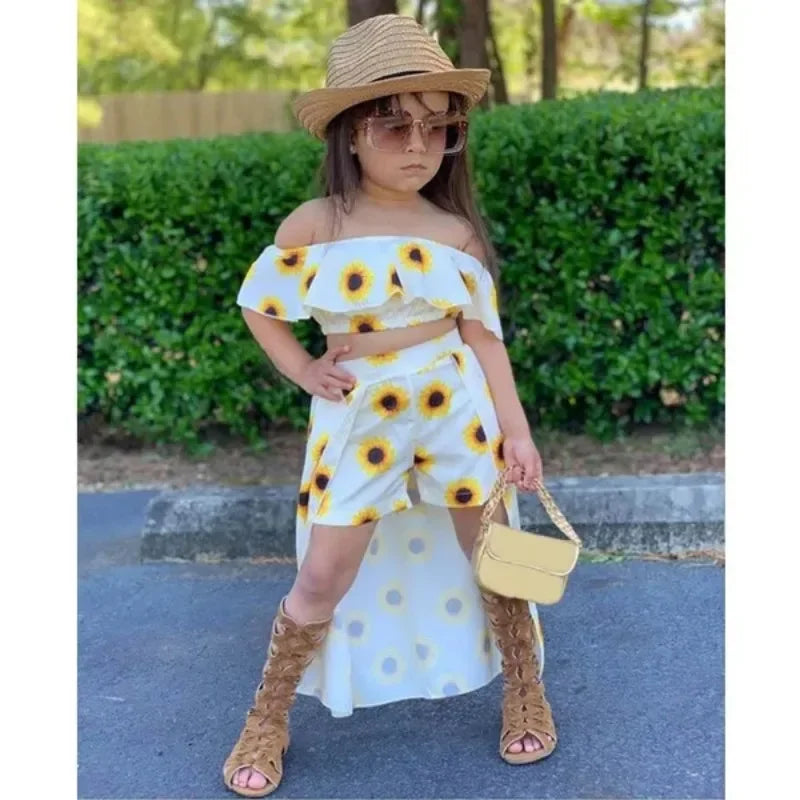 Kids Girls Clothing Sets Floral Print Off Shoulder Crop Top and Culotte Skirt Suits ( Not Include Hats, Bags,Glasses)