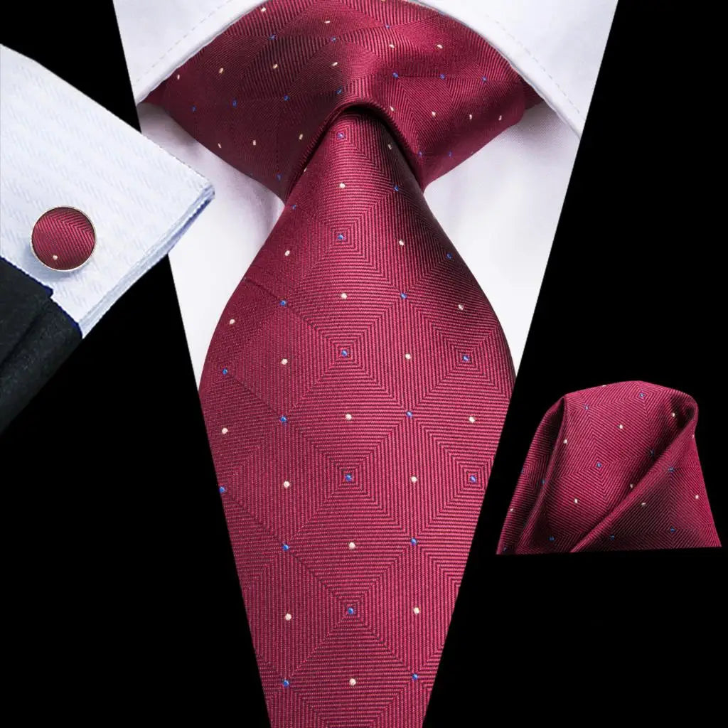 Hi-Tie Designer Red Burgundy Plaid Silk Wedding Tie For Men Handky Cufflink Gift Mens Necktie Fashion Business Party Dropshiping
