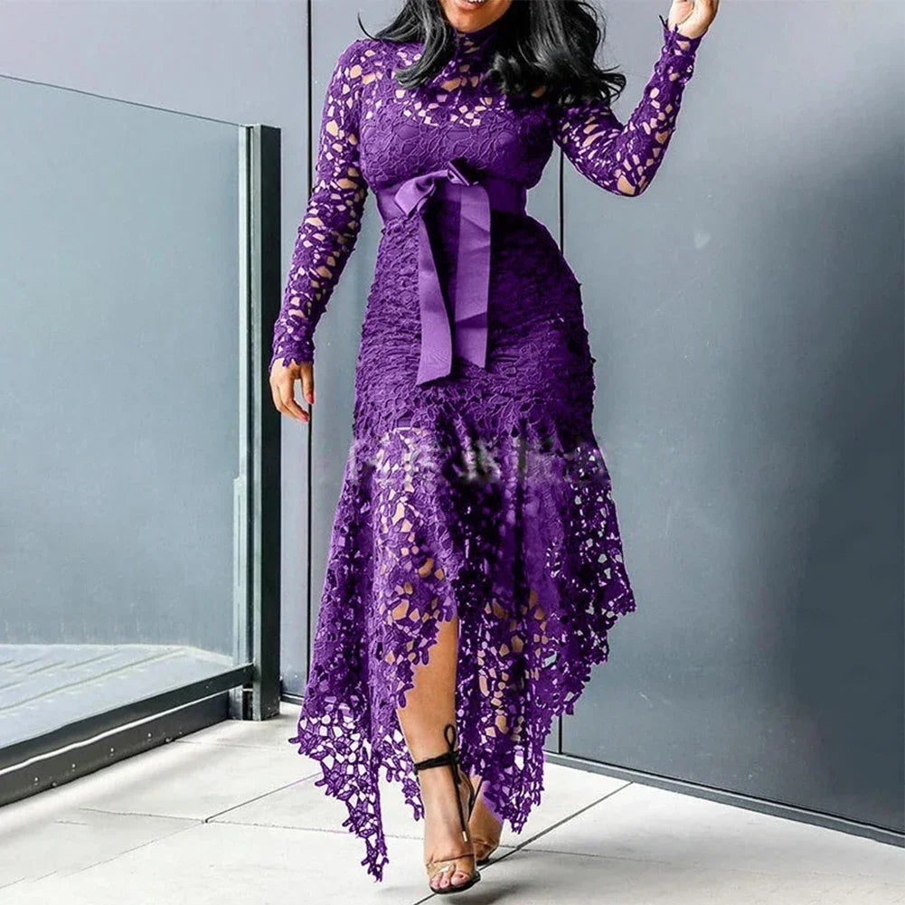 African Ladies Evening Gown Dresses Sexy Lace Long Sleeve Stand Collar Strappy Irregular Elegant Plus Size Long Dress Wedding