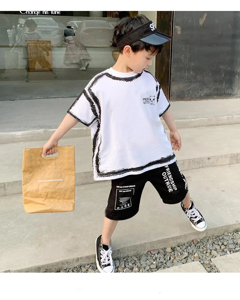 Summer Casual Boys Cotton Contrast Alphabet Graffiti t-Shirt Top+Shorts Pant Set School Kids Tracksuit Child 2PCS Outfit 5-14 Yr
