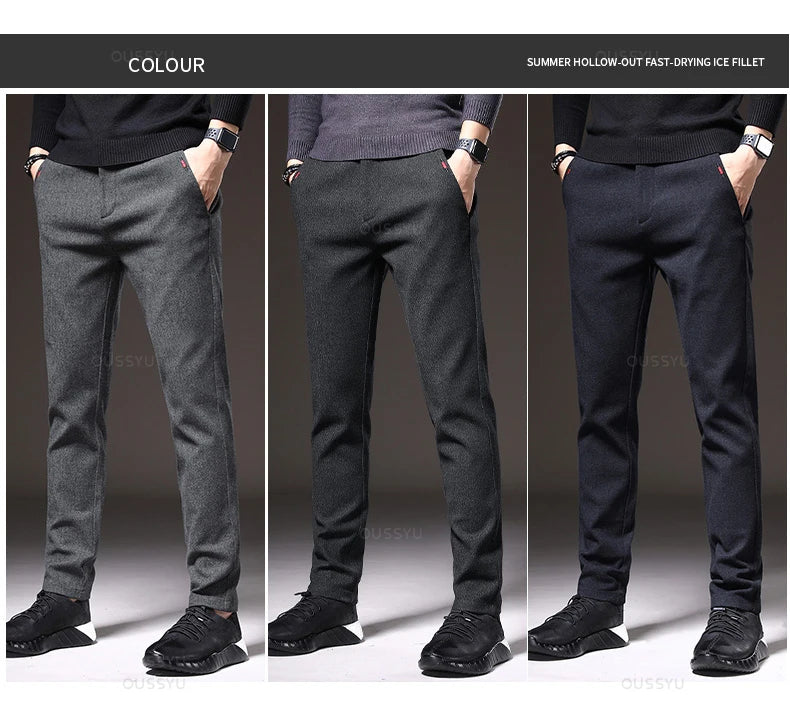 Autumn Winter New Classic Casual Pants Men Thick Business Korea Slim Fit Stretch Gray Blue Black Brushed Fabric Trousers Male