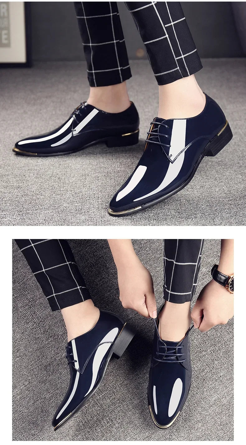 2024 New Men’s Patent Leather Shoes British Style Men's Dress Shoes Lace Up Pointed Toe Wedding Business Party Social Shoe Male