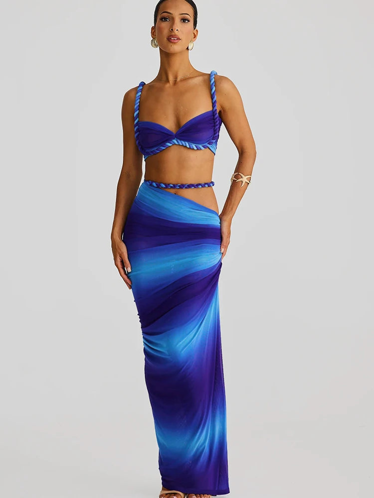 Nibber Sexy Women 2 Piece Set Bandage Ruched Square Collar Bra+Skinny Long Skirts 2025 Summer Vacation Beach Party Trend Suits