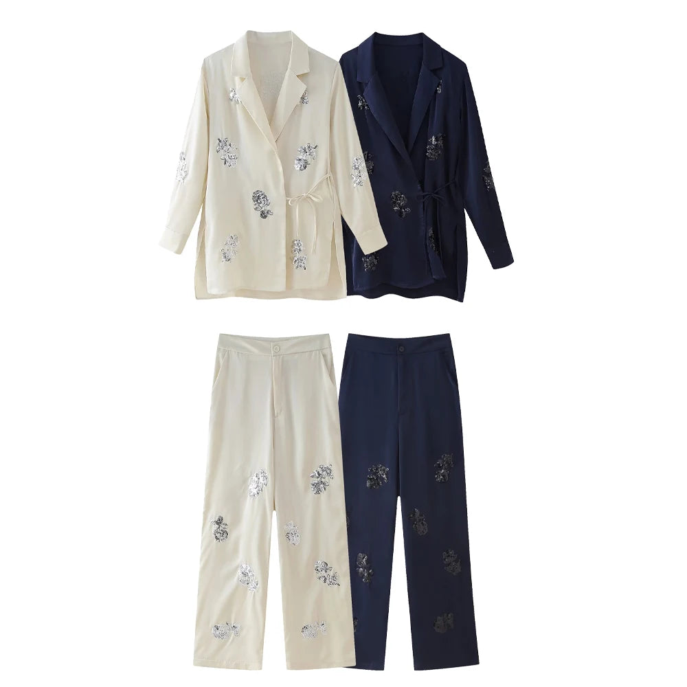 Zach Ailsa 2024 Summer New Product Women's Fashion Loose Lace up Suit Coat Beaded Silk Texture Long Pants Casual Set