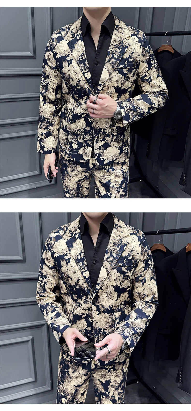 Suit (Blazer+ Pants) Men's Fashion Gentleman Slim Fit Business Outdoor Printed Gentleman Fine Cotton Wedding Work Casual Suit