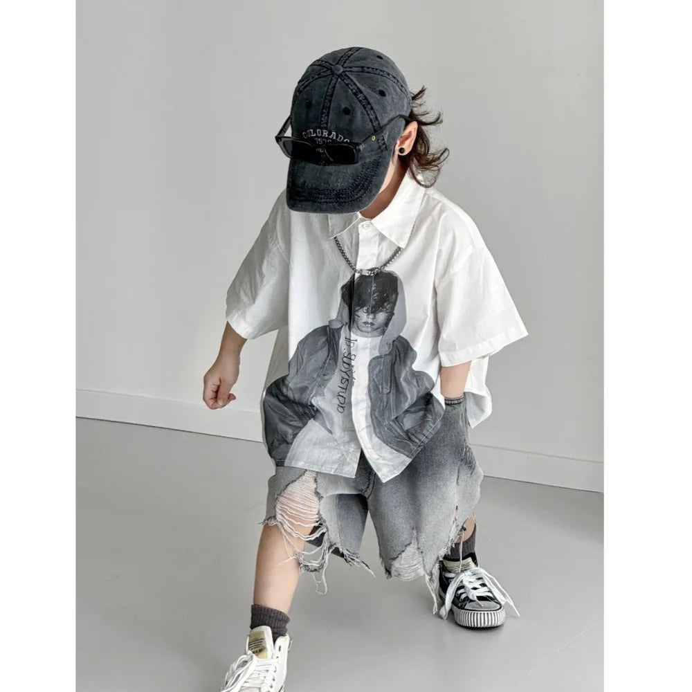 Boys' Sets Button Shirts Denim Shorts Two-piece Summer Suits 2025 New Korean Handsome Children's Street Hole Jeans Suits